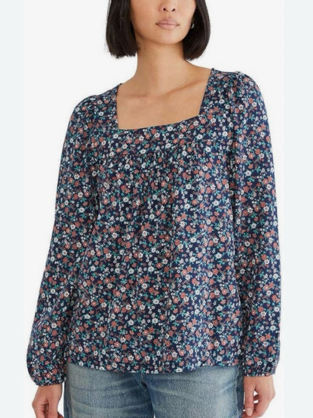 Lucky Brand Blouse in Navy with Coral and White Floral Pattern